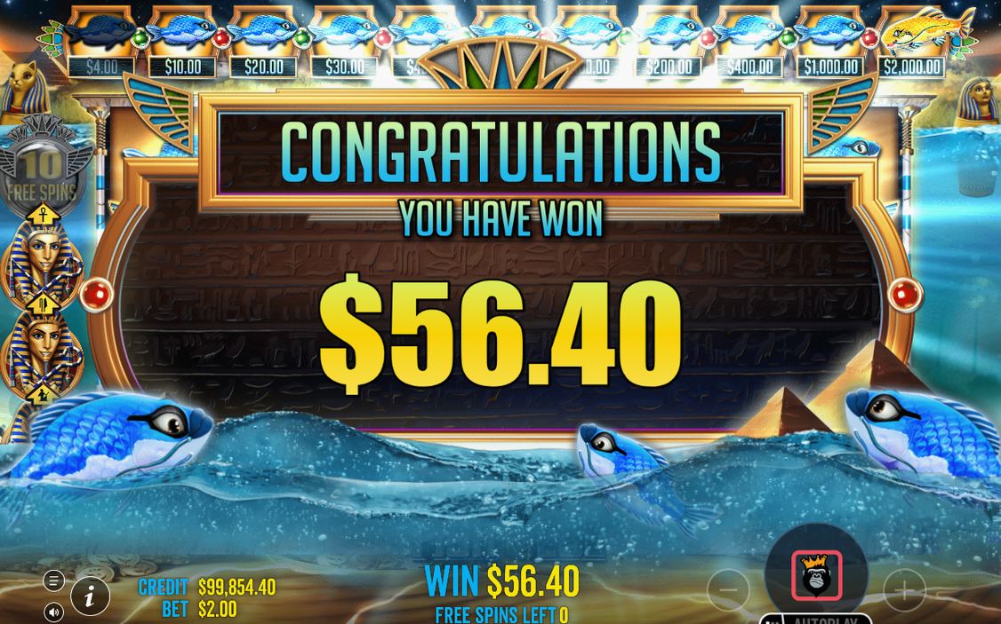 Win screen with FISH MONEY values summed on the grid